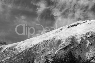 Black and white view on off-piste ski slope