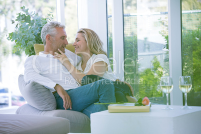 Romantic mature couple sitting on armchair