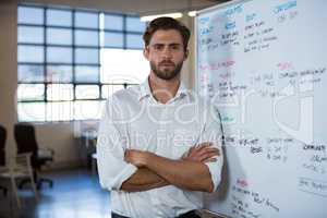 Businessman leaning on whiteboard