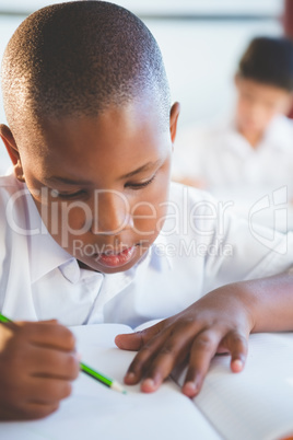 Schoolboy doing homework in classroom