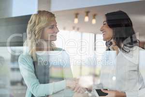 Businesswomen shaking hands in office