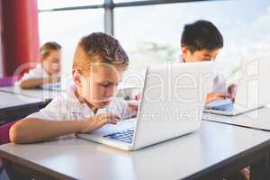 Schoolkids using laptop in classroom