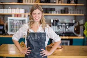 Portrait of smiling waitress standing with hands on hip