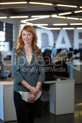 Pretty businesswoman standing by desk