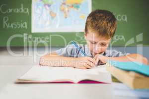 Schoolboy doing homework in classroom