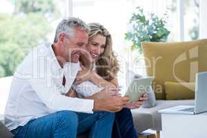 Smart mature couple using digital tablet