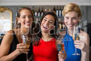 Happy female friends holding glass of champagne flute
