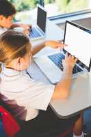 Schoolkids using laptop in classroom