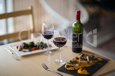 Plate of meal with glass of red wine