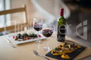 Plate of meal with glass of red wine