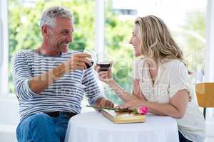Smiling mature couple toasting red wine