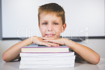 Portrait of smiling boy leaning on stack of books in class room