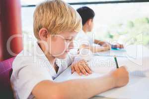 Schoolkid doing homework in classroom