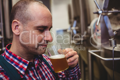 Manufacturer smelling beer in mug at brewery