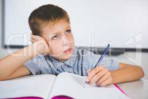 Schoolboy doing homework in classroom