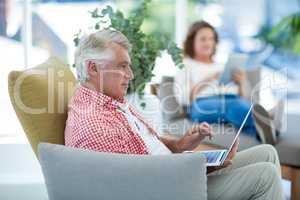 Mature man using laptop at restaurant
