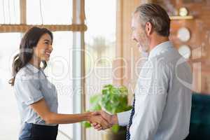 Man and woman shaking hands at meeting