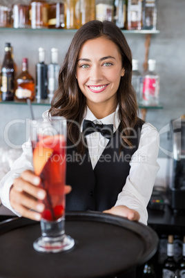 Beautiful waitress holding tray with cocktail glass