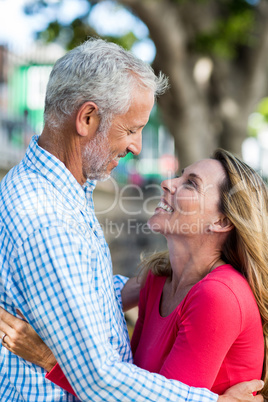 Romantic mature couple hugging by tree