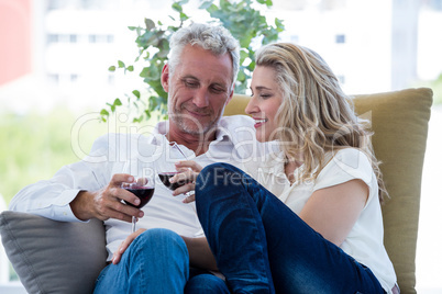 Smiling mature couple toasting red wine at home