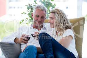 Smiling mature couple toasting red wine at home