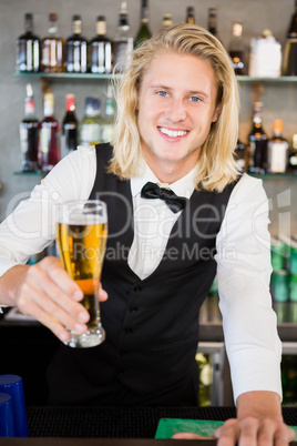 Waiter holding glass of beer at bar counter