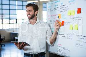 Smiling businessman pointing on whiteboard