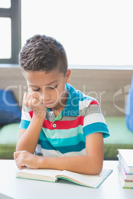 Schoolboy reading a book in library