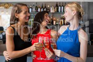 Happy female friends holding glass of champagne flute