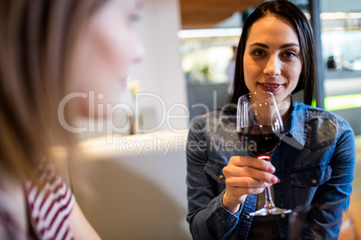 Beautiful woman drinking wine with friend