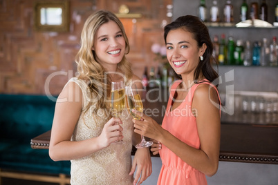 Portrait of two women toasting a glass of champagne