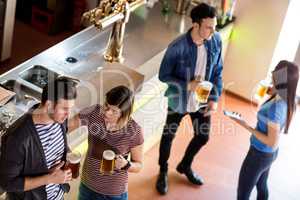 Friends with beer mug by counter in bar