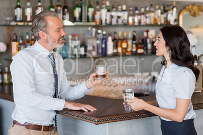 Businessman and woman standing at bar counter having drink