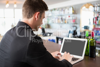 Businessman using laptop in restaurant