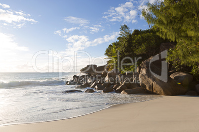 Beach of Anse Georgette, Seychelles in evening light