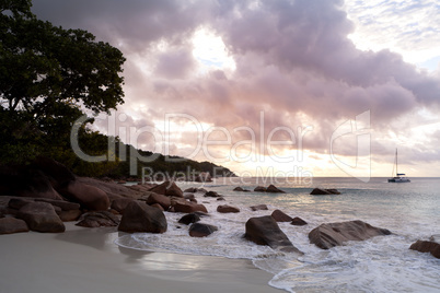 Sunset view of Anse Lazio, Praslin island, Seychelles