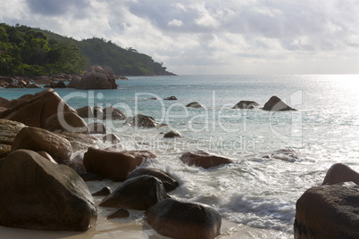 Rough waves at Anse Lazio, Praslin island, Seychelles