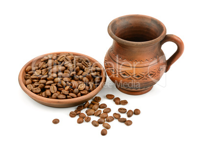 ceramic cup of coffee beans isolated on white background