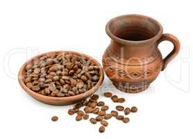 ceramic cup of coffee beans isolated on white background