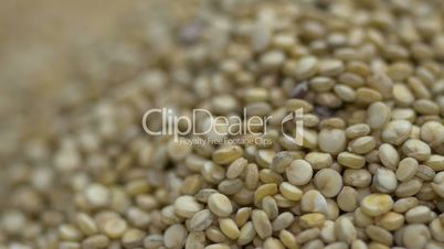 Quinoa seeds falling into a pile of quinoa