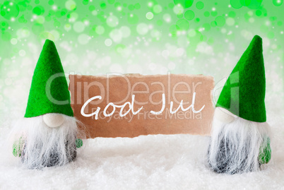 Green Natural Gnomes With Card, God Jul Means Merry Christmas