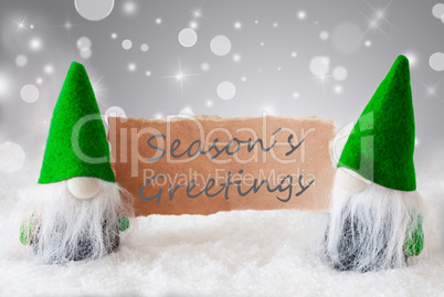Green Gnomes With Card And Snow, Text Seasons Greetings