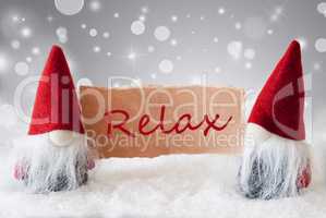 Red Gnomes With Card And Snow, Text Relax