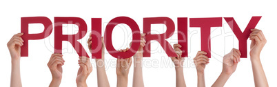 Many People Hands Holding Red Straight Word Priority