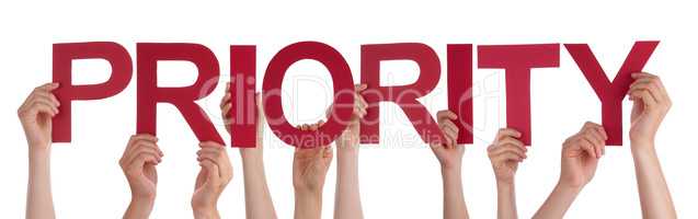 Many People Hands Holding Red Straight Word Priority
