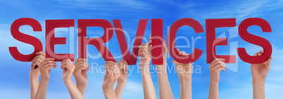 Many People Hands Holding Red Straight Word Services Blue Sky