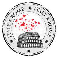 Grunge love heart stamp with Colosseum and the word Rome, Italy inside, vector travel illustration