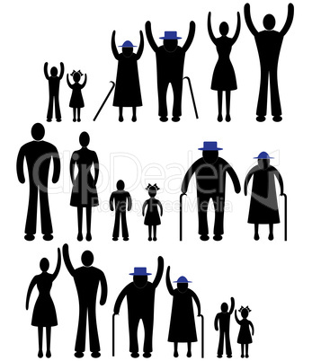 People silhouette family icon. Person vector woman, man. Child, grandfather, grandmother generation illustration.