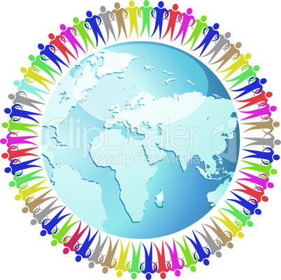 Community of people joined around the globe. Social network. Land and a group of people eps10