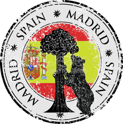 Grunge stamp with statue of Bear and strawberry tree and the words Madrid, Spain inside, vector illustration